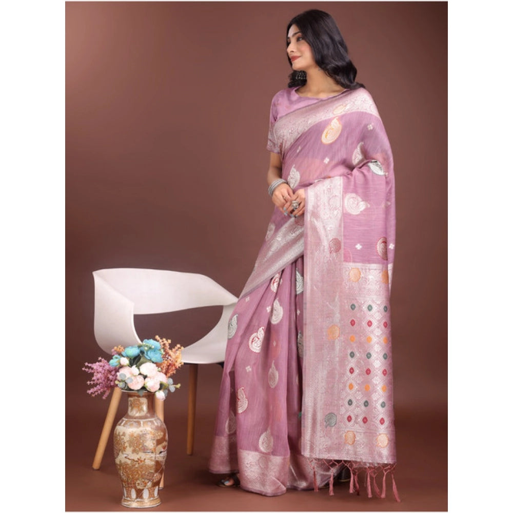 Women's Linen Cotton Printed Saree With Unstitched Blouse 5.5Mtr (Purple)