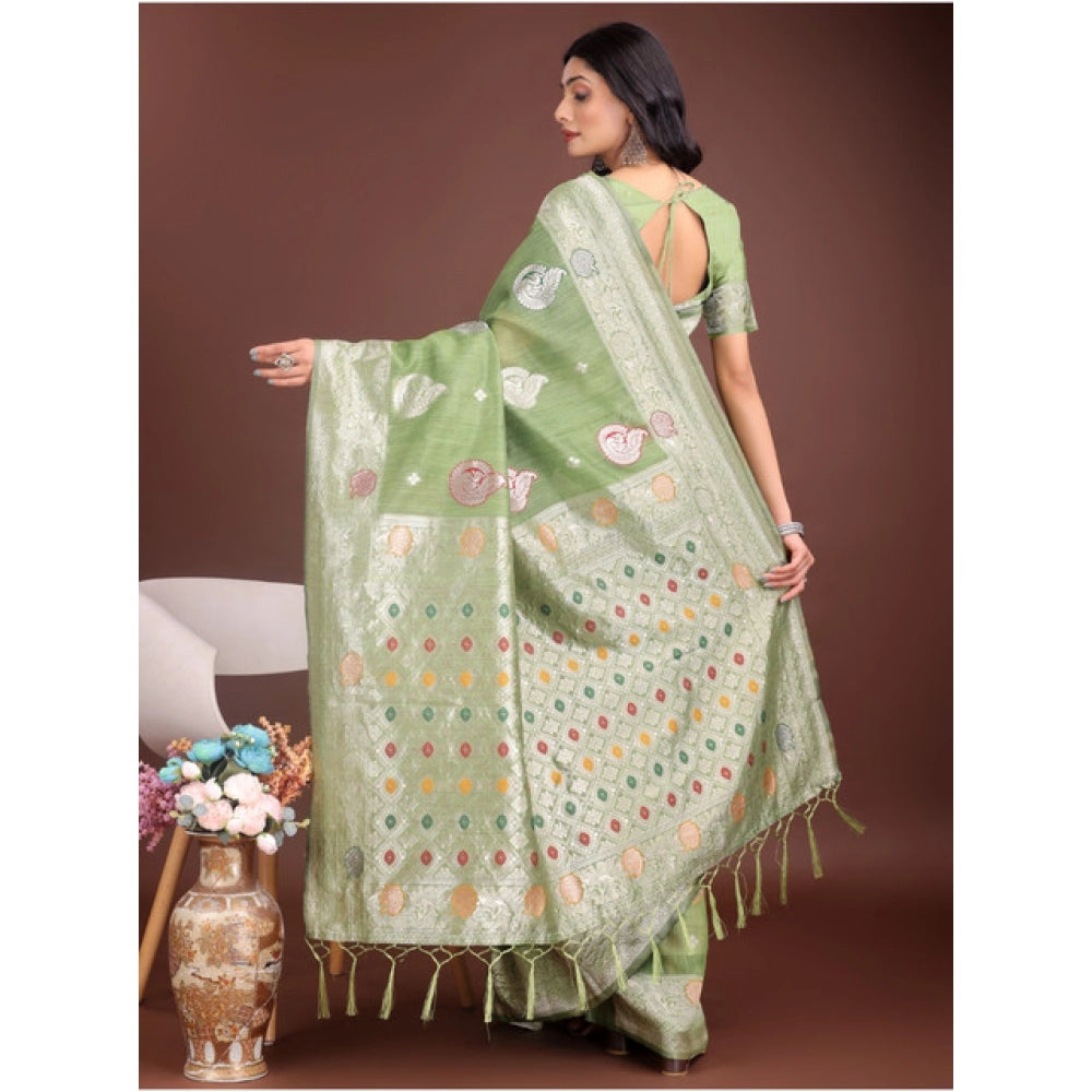 Women's Linen Cotton Printed Saree With Unstitched Blouse 5.5Mtr (Light Green)