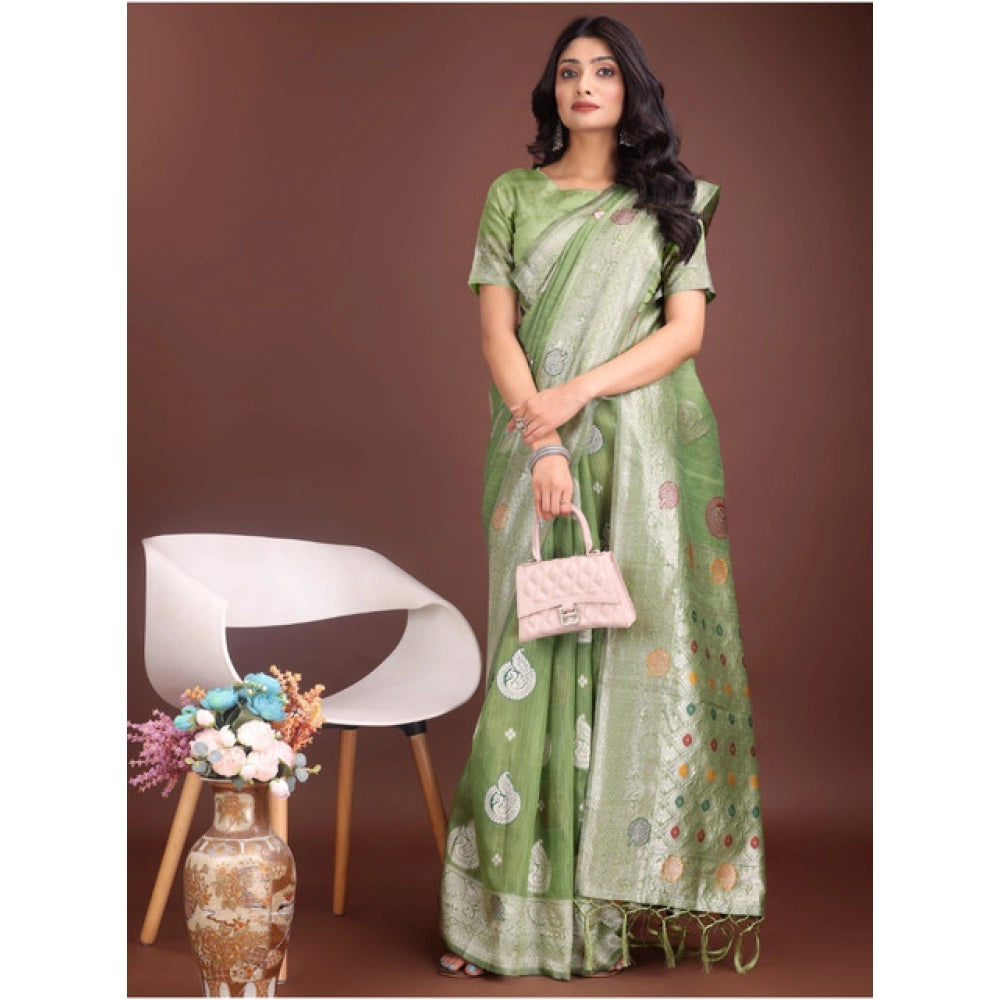 Women's Linen Cotton Printed Saree With Unstitched Blouse 5.5Mtr (Light Green)