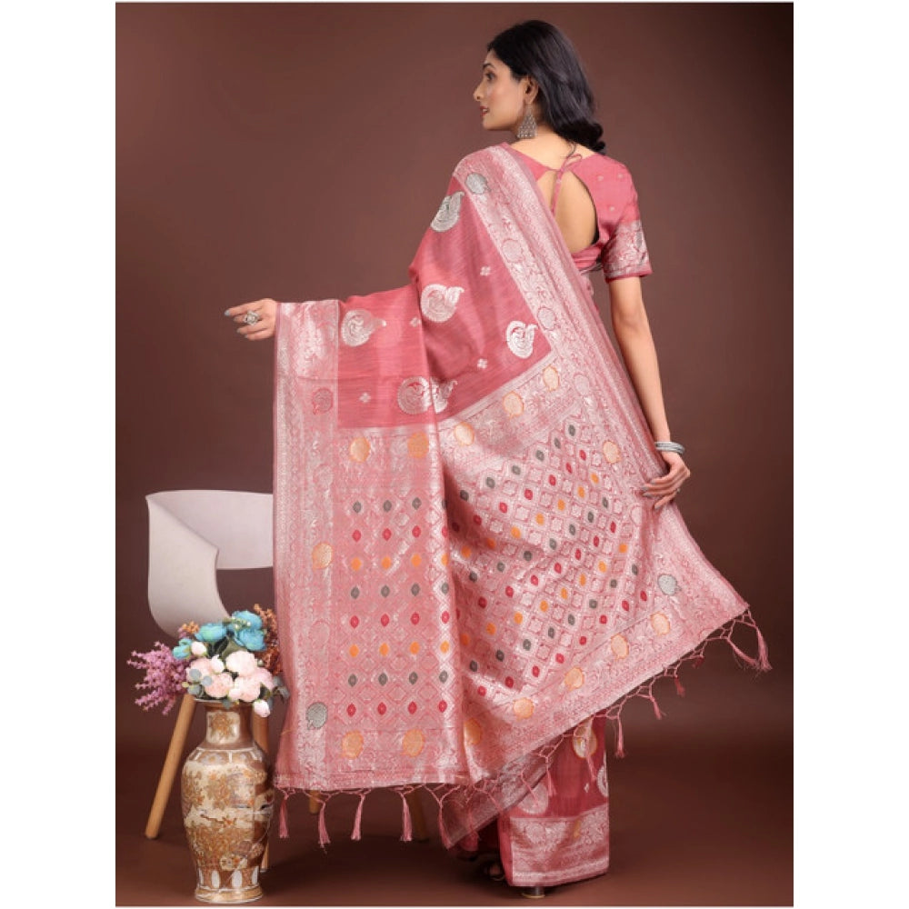 Women's Linen Cotton Printed Saree With Unstitched Blouse 5.5Mtr (Pink)