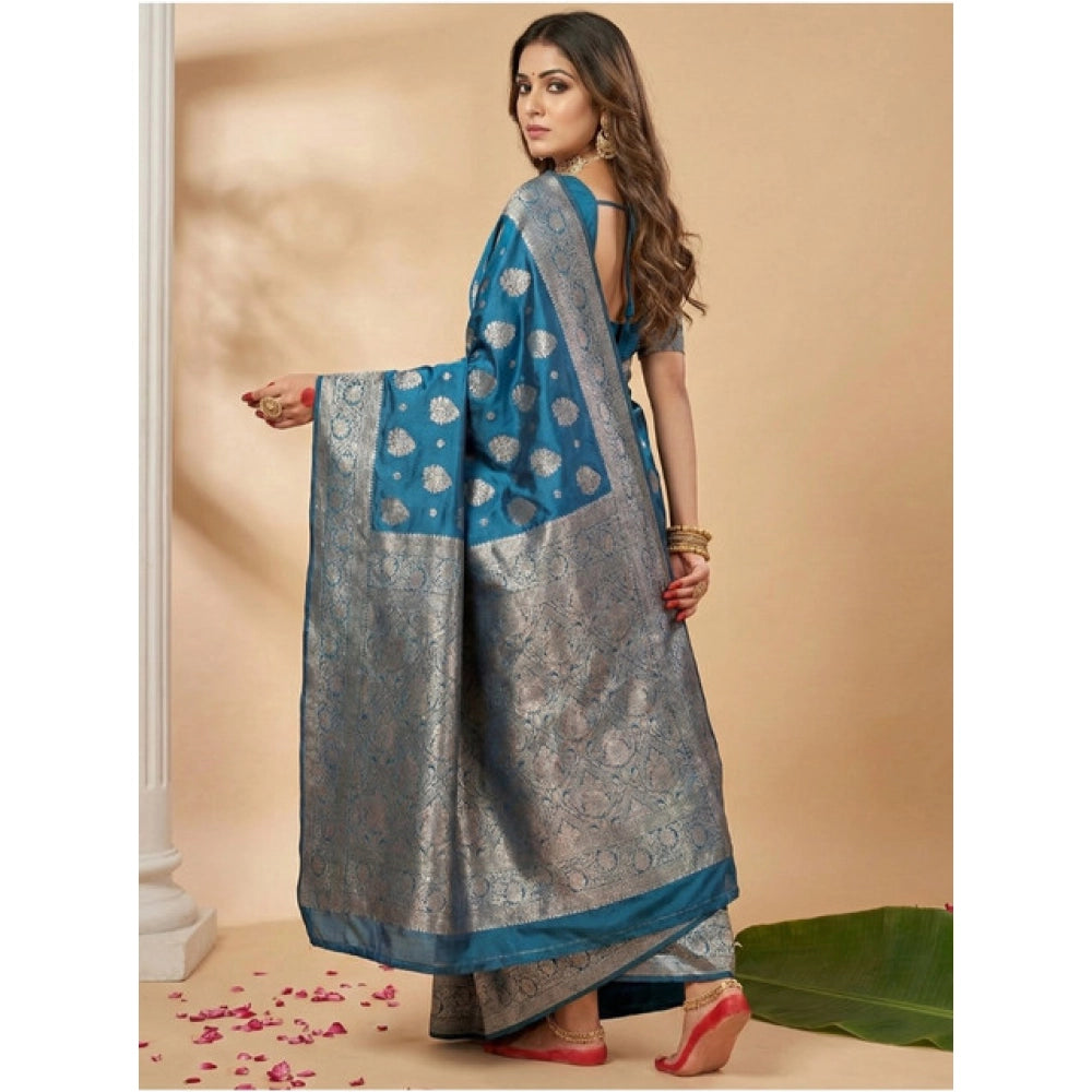 Women's Silk Blend Printed Saree With Unstitched Blouse 5.5Mtr (Teal Blue)