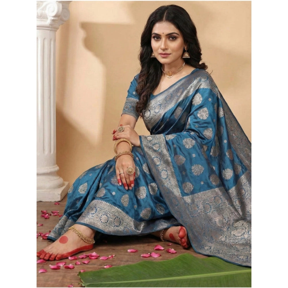 Women's Silk Blend Printed Saree With Unstitched Blouse 5.5Mtr (Teal Blue)