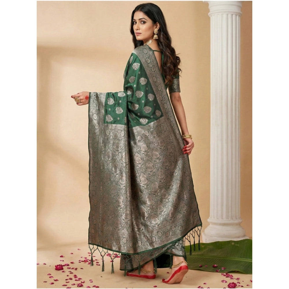 Women's Silk Blend Printed Saree With Unstitched Blouse 5.5Mtr (Dark Green)