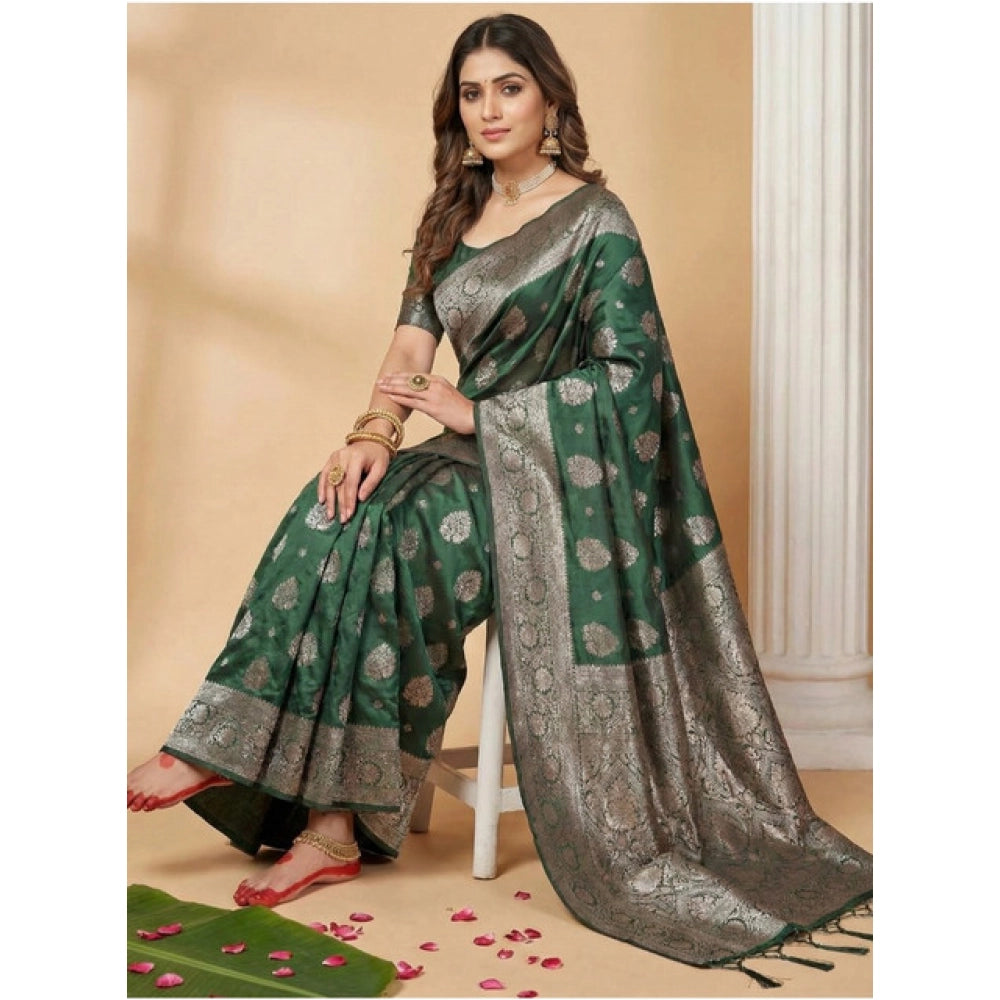 Women's Silk Blend Printed Saree With Unstitched Blouse 5.5Mtr (Dark Green)
