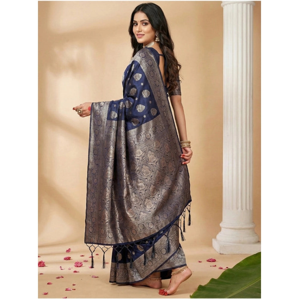 Women's Silk Blend Printed Saree With Unstitched Blouse 5.5Mtr (Navy Blue)