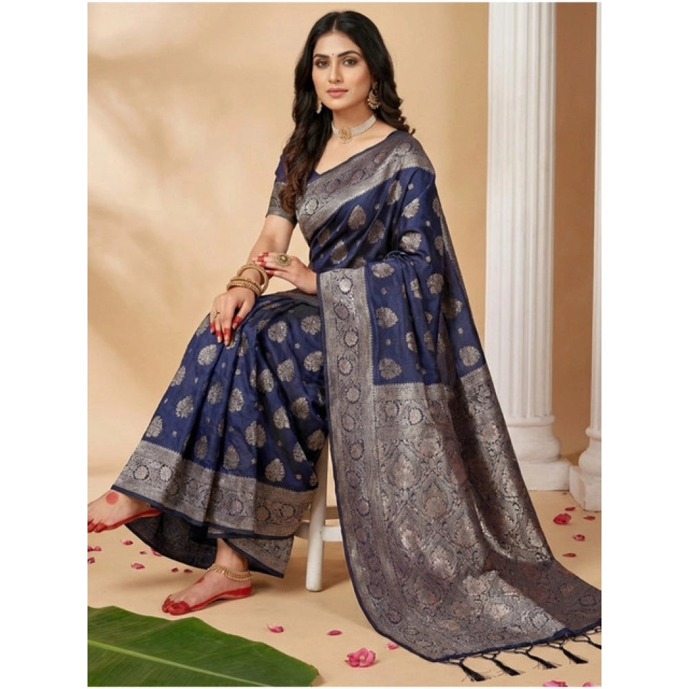 Women's Silk Blend Printed Saree With Unstitched Blouse 5.5Mtr (Navy Blue)