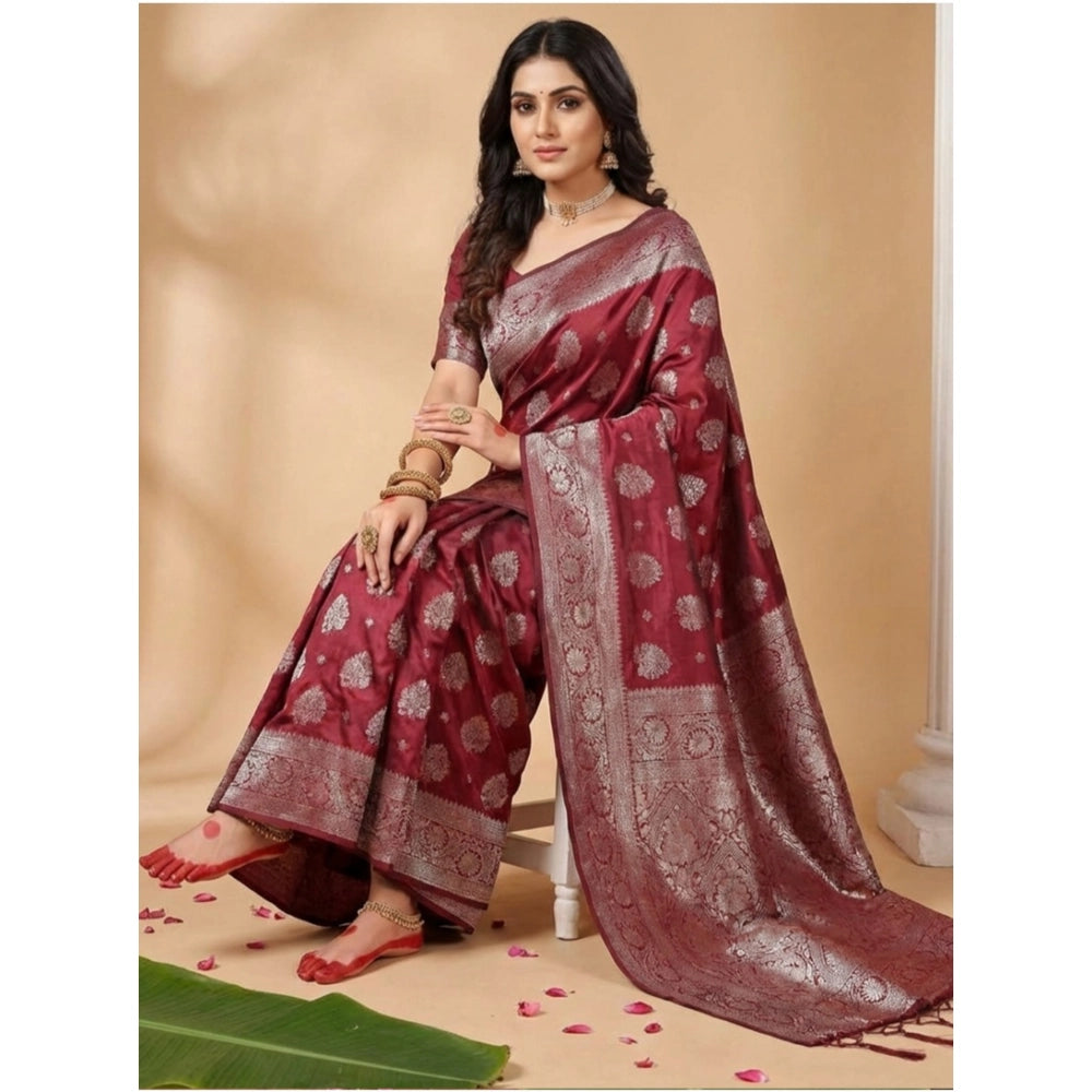 Women's Silk Blend Printed Saree With Unstitched Blouse 5.5Mtr (Maroon)
