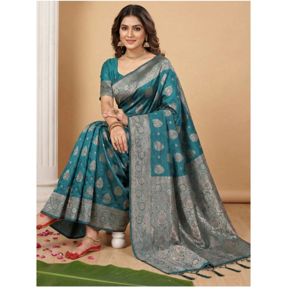 Women's Silk Blend Printed Saree With Unstitched Blouse 5.5Mtr (Sea Green)