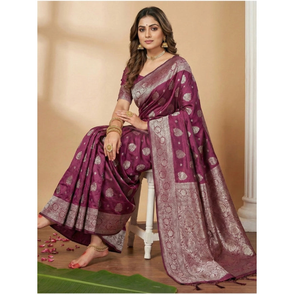 Women's Silk Blend Printed Saree With Unstitched Blouse 5.5Mtr (Purple)