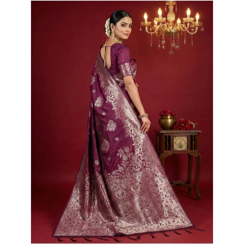 Women's Silk Blend Printed Saree With Unstitched Blouse 5.5Mtr (Purple)
