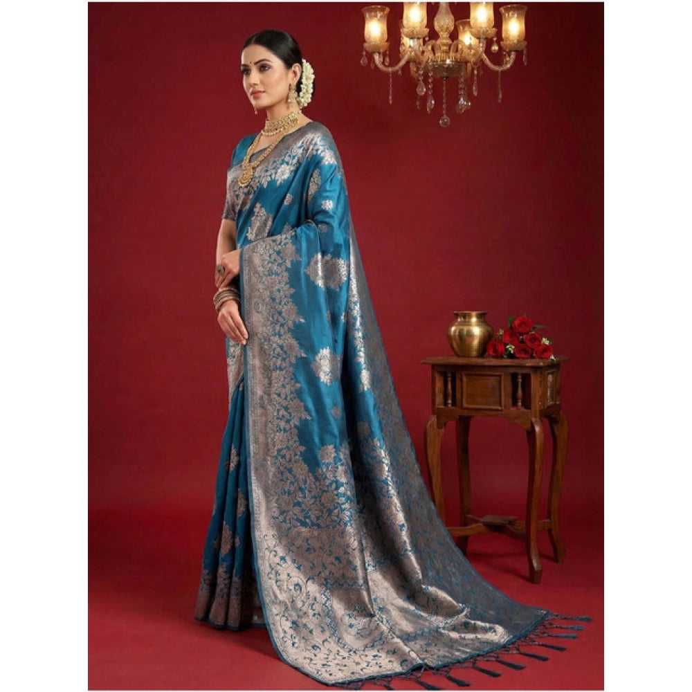 Women's Silk Blend Printed Saree With Unstitched Blouse 5.5Mtr (Teal Blue)