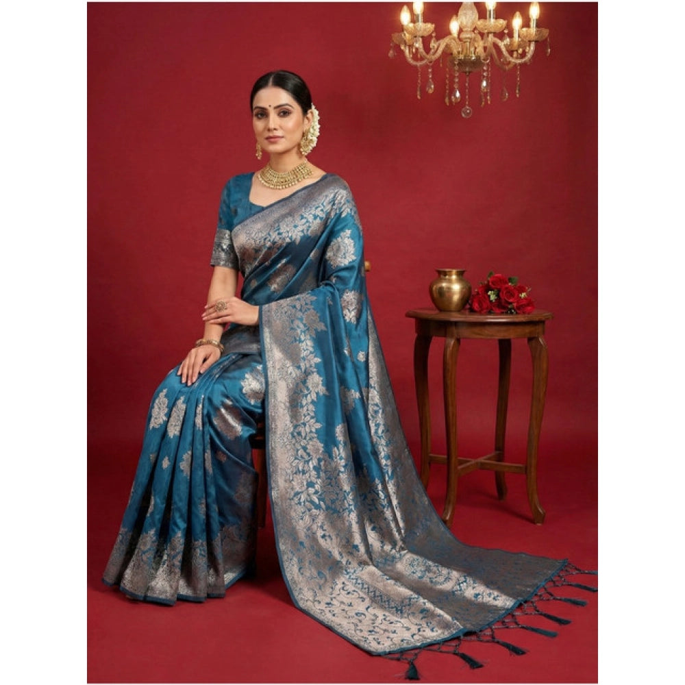 Women's Silk Blend Printed Saree With Unstitched Blouse 5.5Mtr (Teal Blue)