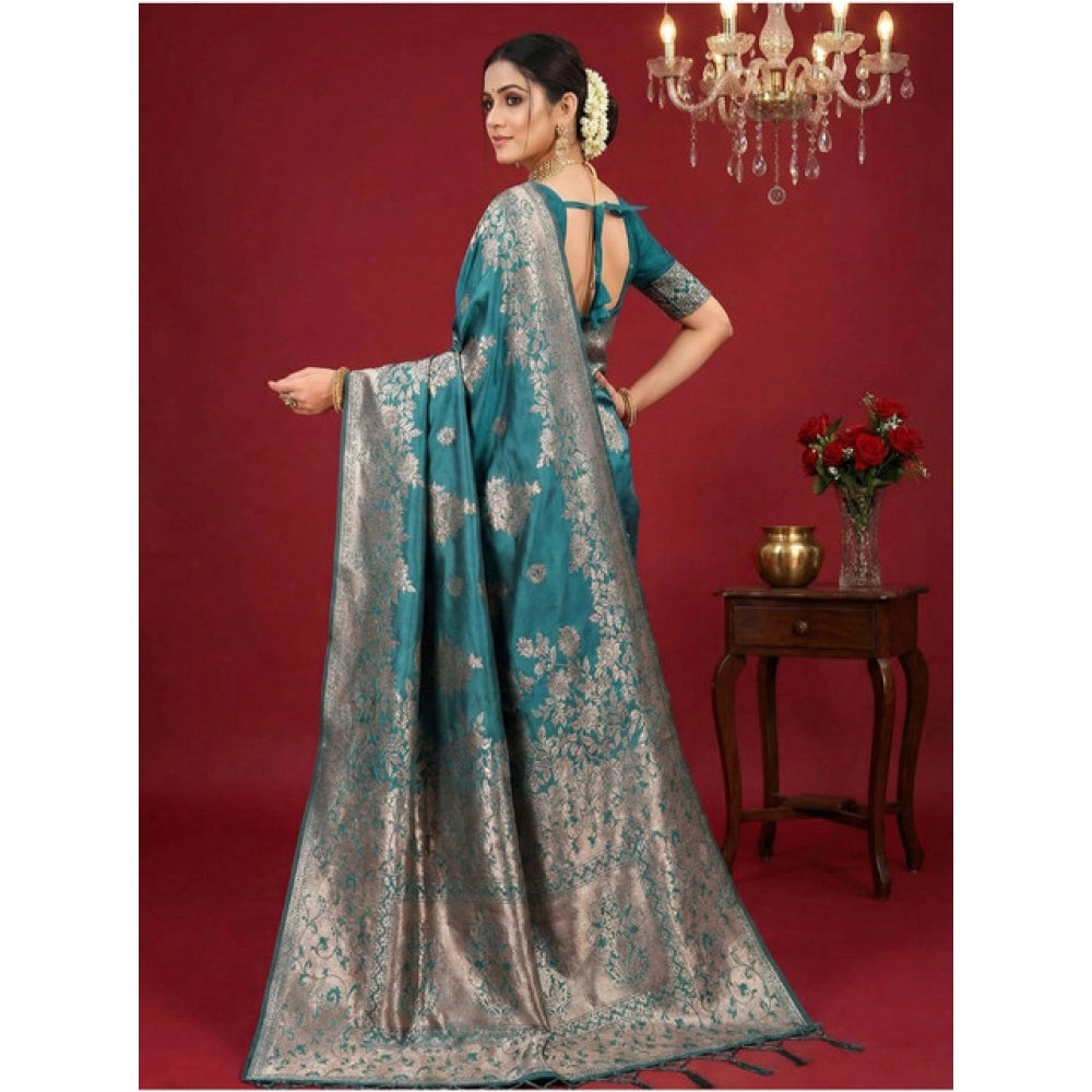 Women's Silk Blend Printed Saree With Unstitched Blouse 5.5Mtr (Sea Green)