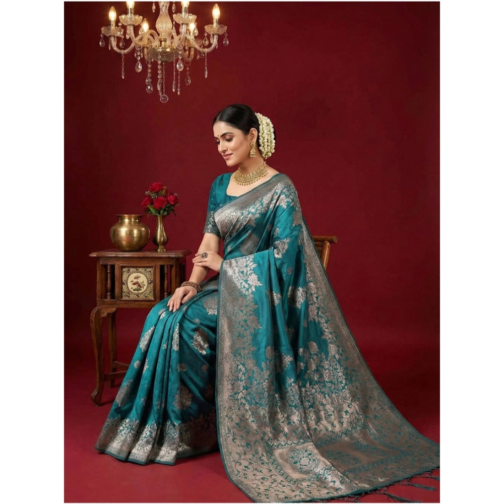 Women's Silk Blend Printed Saree With Unstitched Blouse 5.5Mtr (Sea Green)