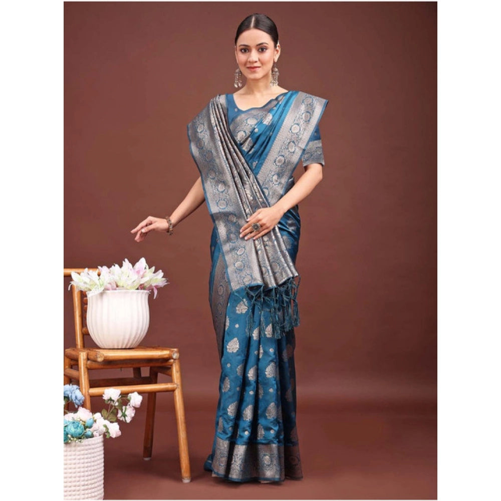 Women's Banarasi Silk Printed Saree With Unstitched Blouse 5.5Mtr (Teal Blue)