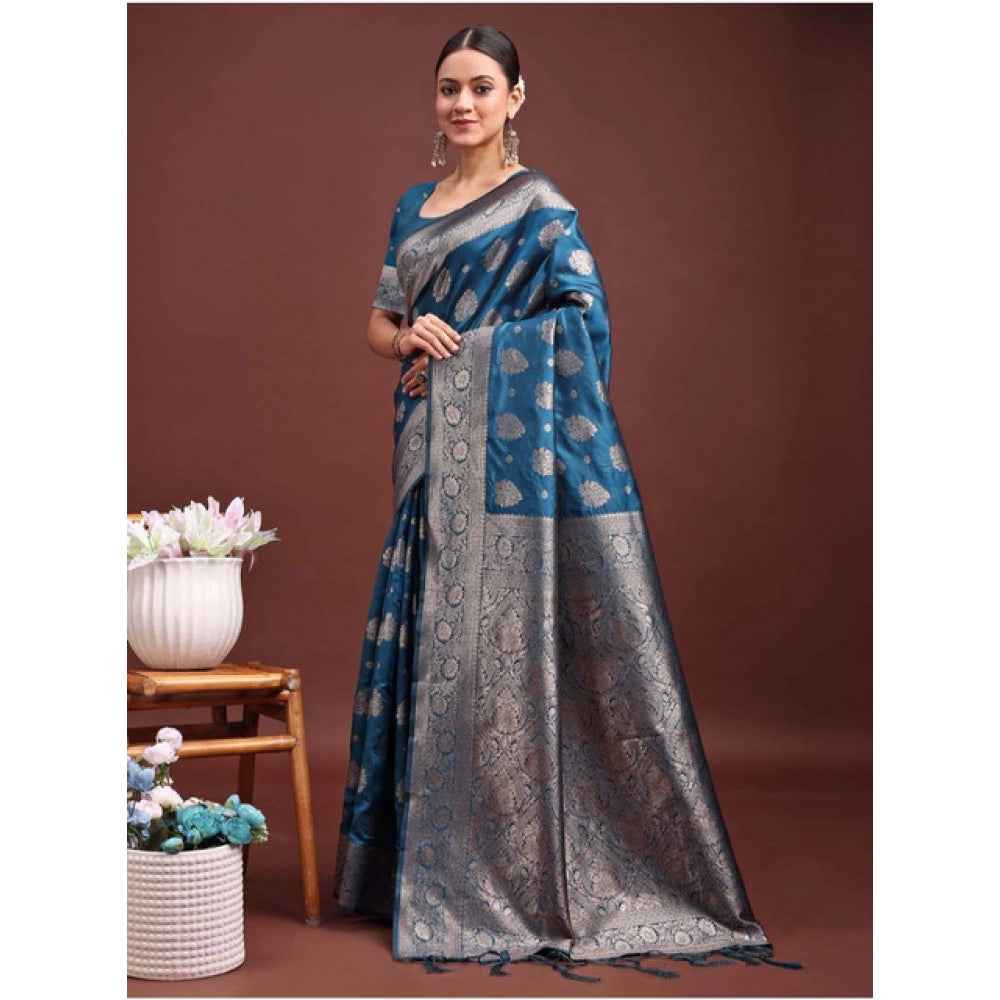 Women's Banarasi Silk Printed Saree With Unstitched Blouse 5.5Mtr (Teal Blue)