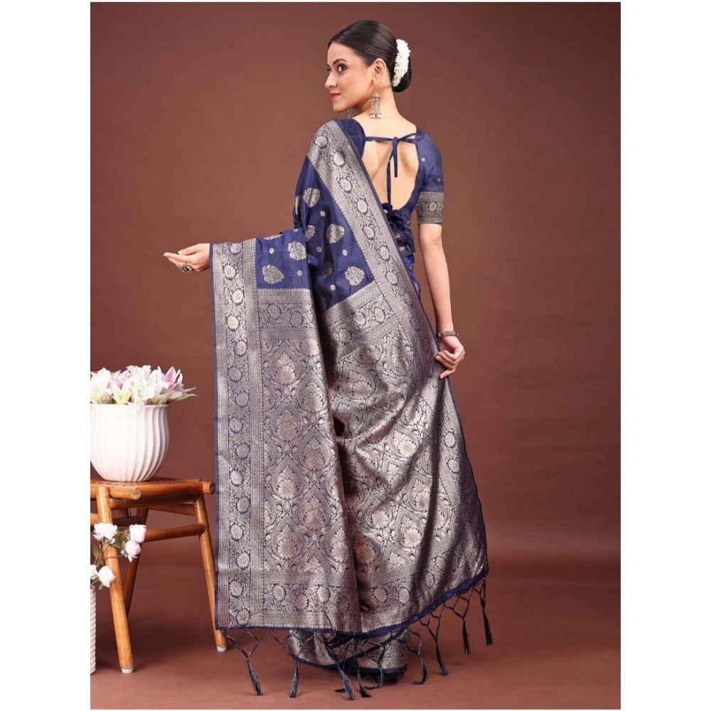 Women's Banarasi Silk Printed Saree With Unstitched Blouse 5.5Mtr (Navy Blue)
