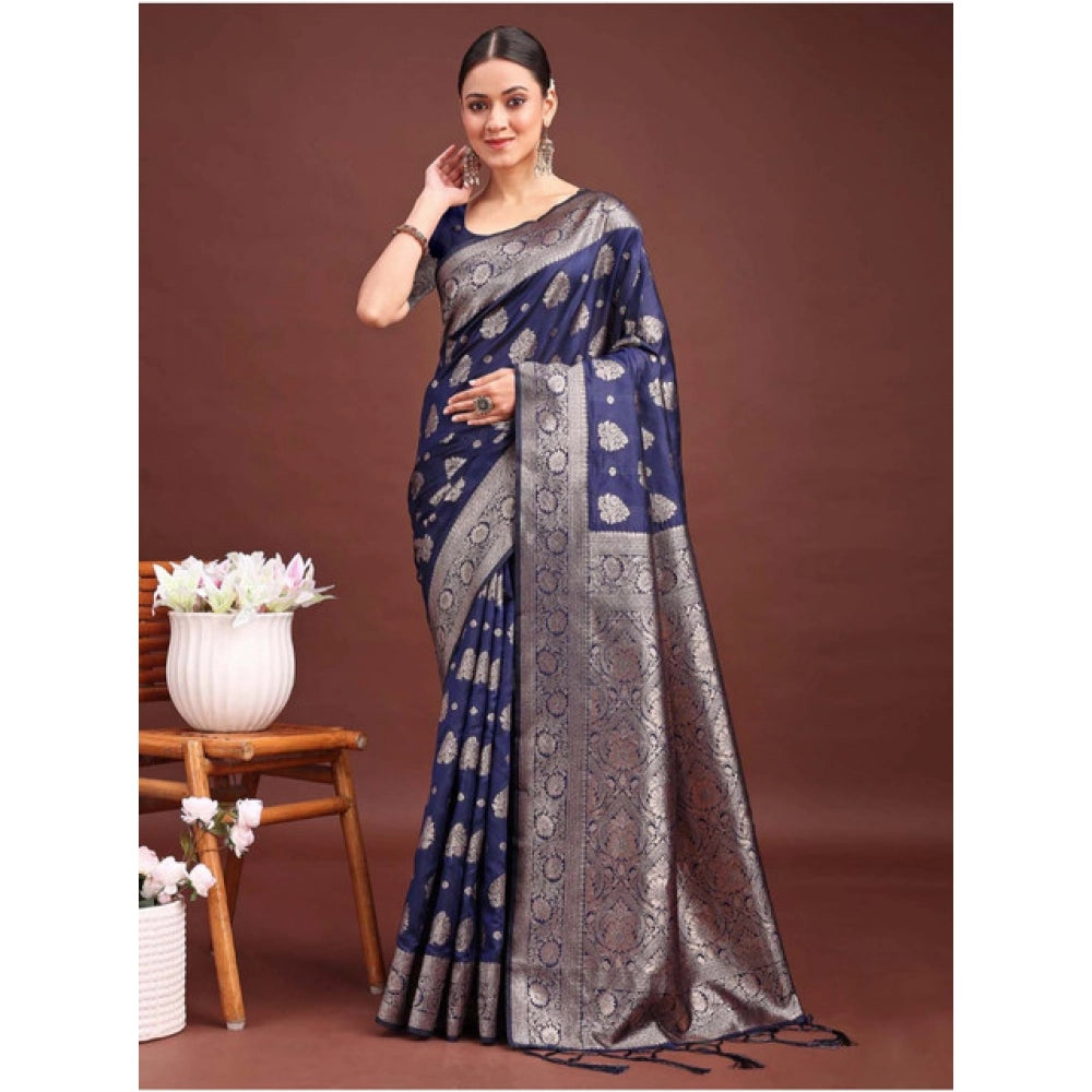 Women's Banarasi Silk Printed Saree With Unstitched Blouse 5.5Mtr (Navy Blue)