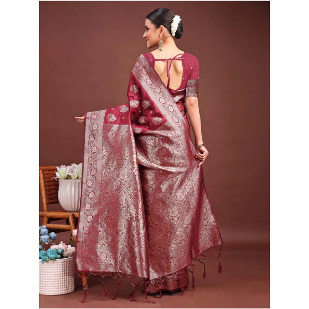 Women's Banarasi Silk Printed Saree With Unstitched Blouse 5.5Mtr (Maroon)