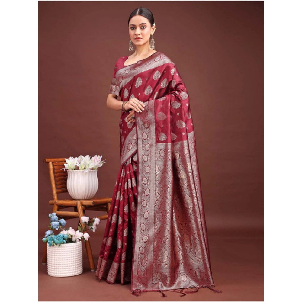 Women's Banarasi Silk Printed Saree With Unstitched Blouse 5.5Mtr (Maroon)
