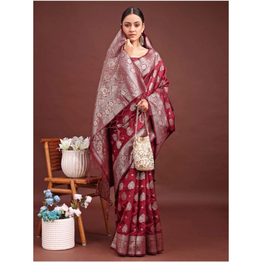 Women's Banarasi Silk Printed Saree With Unstitched Blouse 5.5Mtr (Maroon)