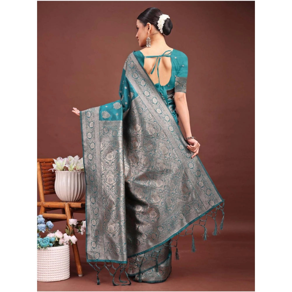 Women's Banarasi Silk Printed Saree With Unstitched Blouse 5.5Mtr (Sea Green)