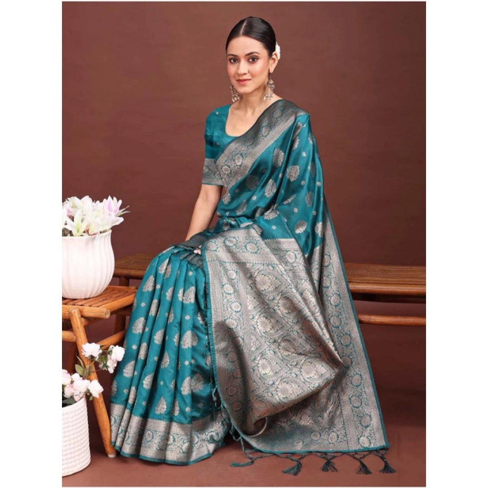 Women's Banarasi Silk Printed Saree With Unstitched Blouse 5.5Mtr (Sea Green)