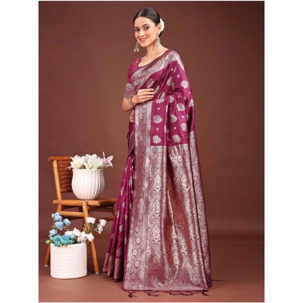 Women's Banarasi Silk Printed Saree With Unstitched Blouse 5.5Mtr (Purple)