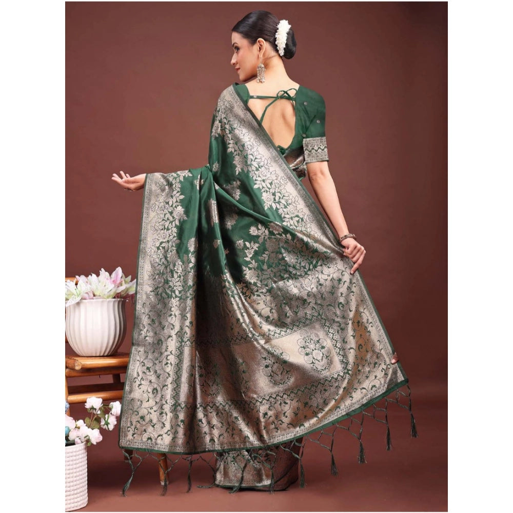 Women's Banarasi Silk Printed Saree With Unstitched Blouse 5.5Mtr (Dark Green)