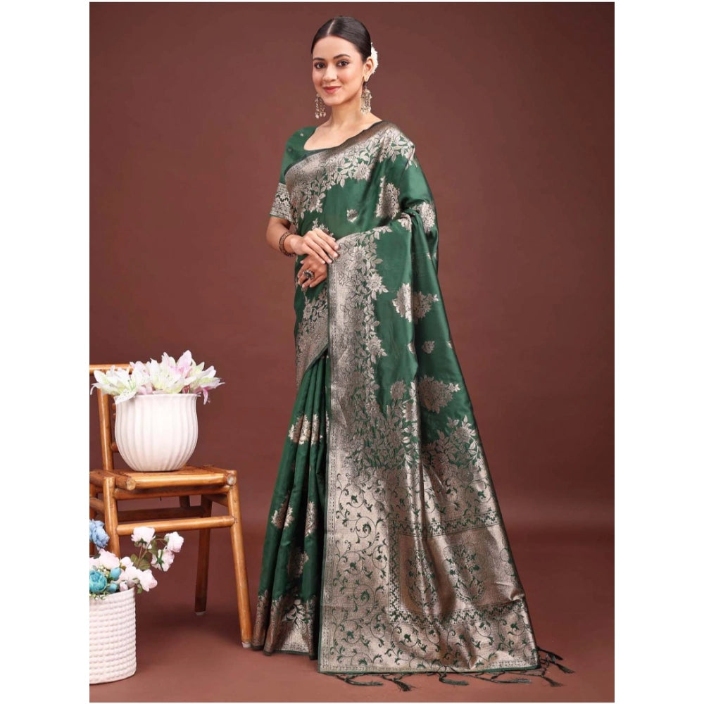 Women's Banarasi Silk Printed Saree With Unstitched Blouse 5.5Mtr (Dark Green)