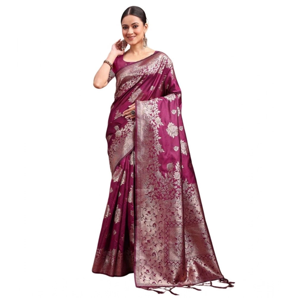 Women's Banarasi Silk Printed Saree With Unstitched Blouse 5.5Mtr (Purple)