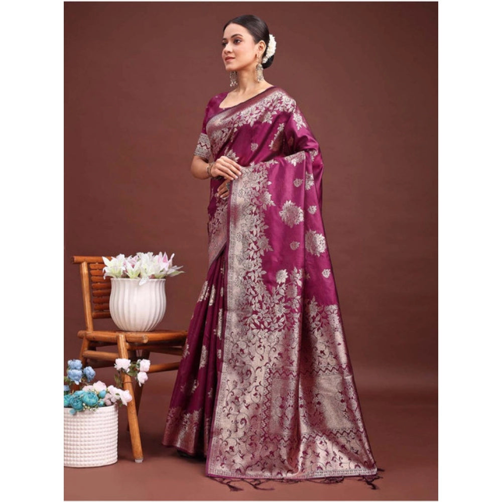 Women's Banarasi Silk Printed Saree With Unstitched Blouse 5.5Mtr (Purple)
