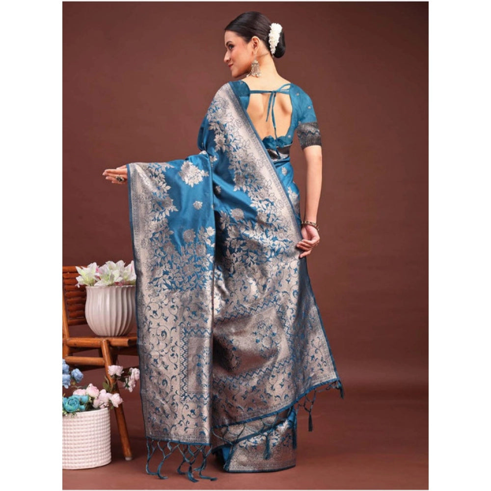 Women's Banarasi Silk Printed Saree With Unstitched Blouse 5.5Mtr (Teal Blue)