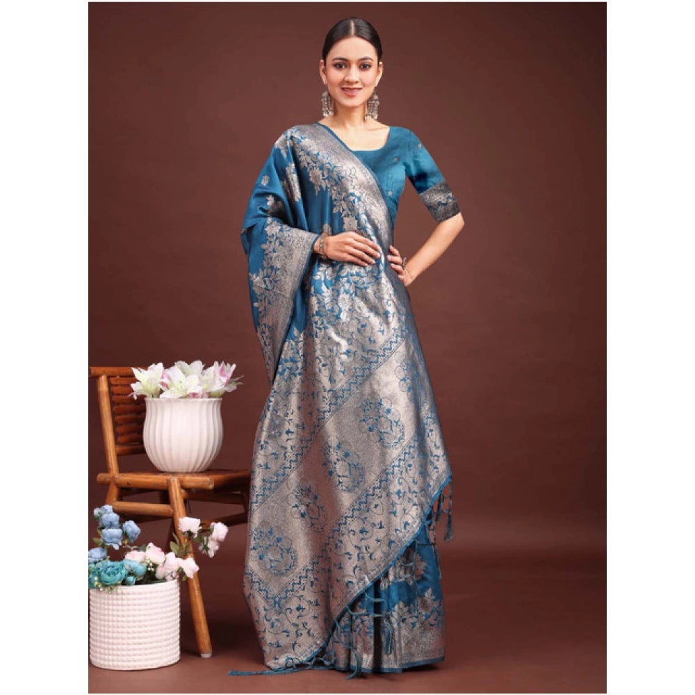 Women's Banarasi Silk Printed Saree With Unstitched Blouse 5.5Mtr (Teal Blue)
