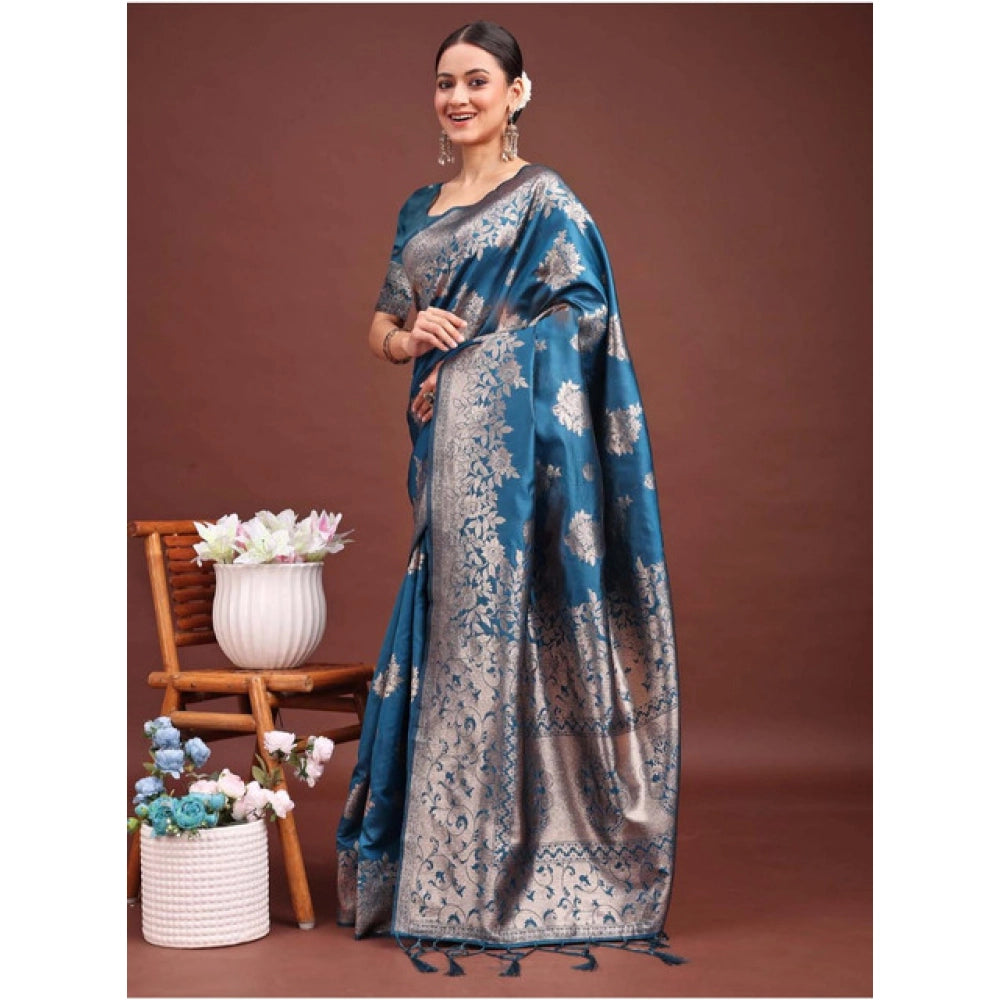 Women's Banarasi Silk Printed Saree With Unstitched Blouse 5.5Mtr (Teal Blue)