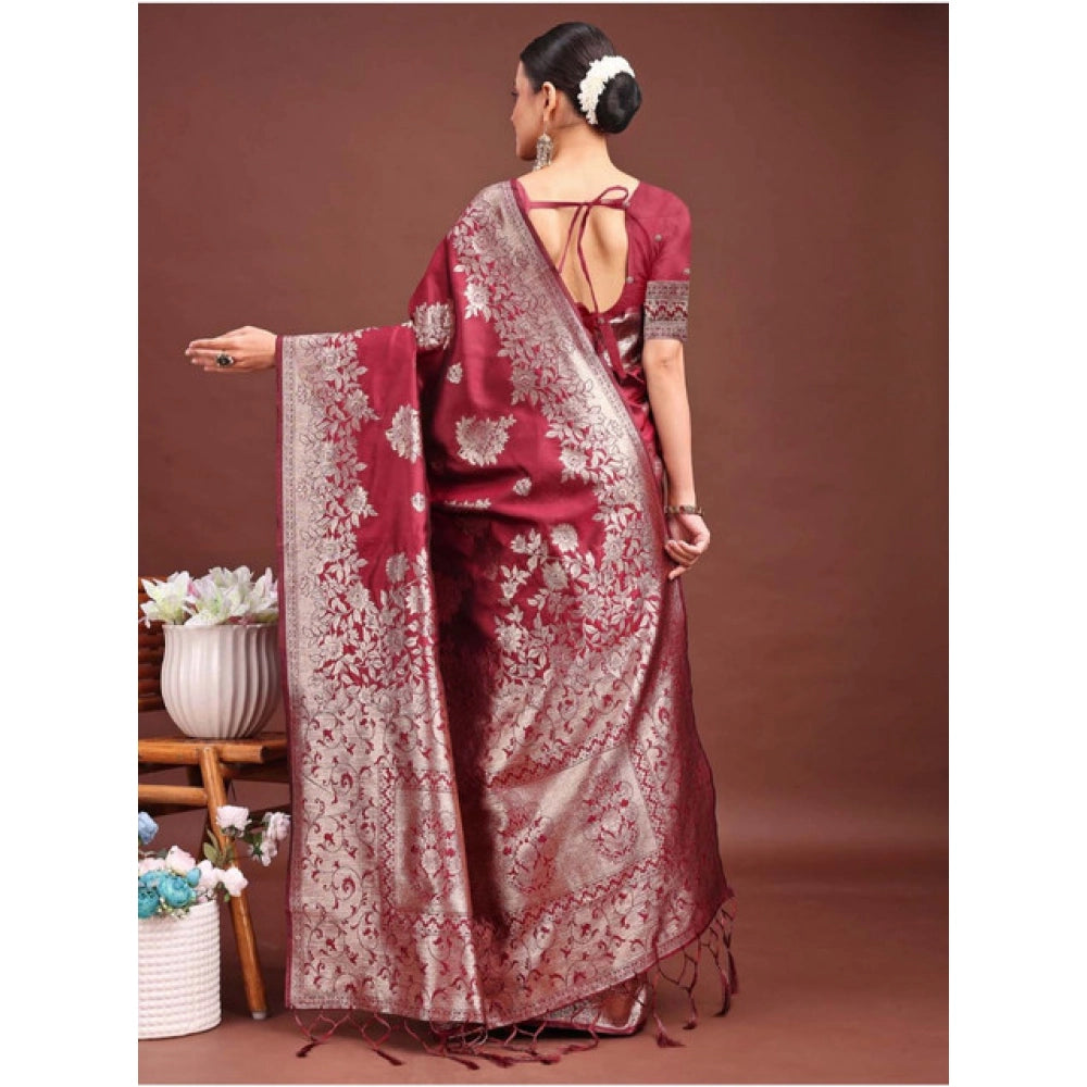 Women's Banarasi Silk Printed Saree With Unstitched Blouse 5.5Mtr (Maroon)