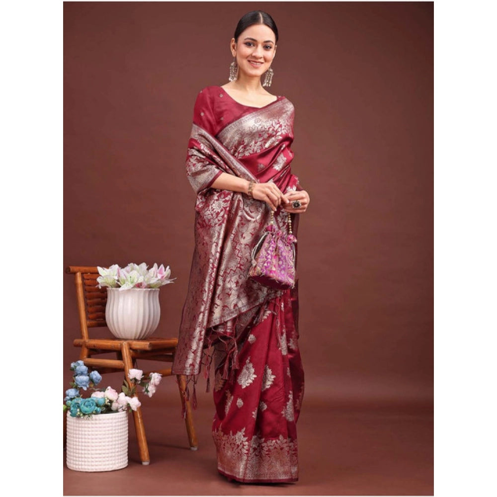 Women's Banarasi Silk Printed Saree With Unstitched Blouse 5.5Mtr (Maroon)