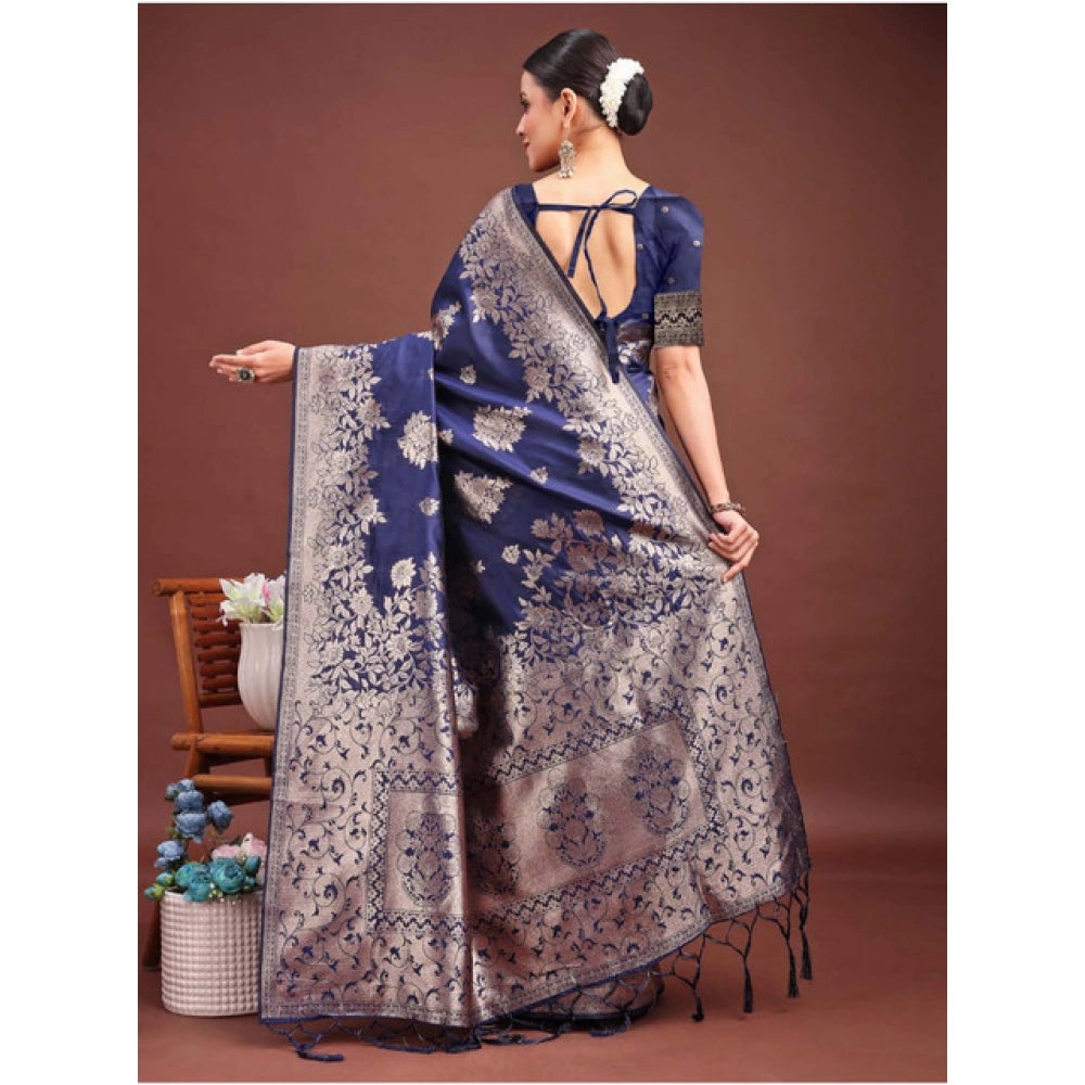 Women's Banarasi Silk Printed Saree With Unstitched Blouse 5.5Mtr (Navy Blue)