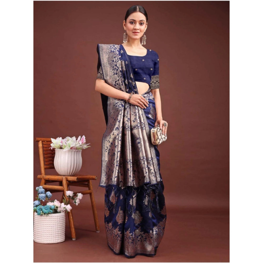 Women's Banarasi Silk Printed Saree With Unstitched Blouse 5.5Mtr (Navy Blue)