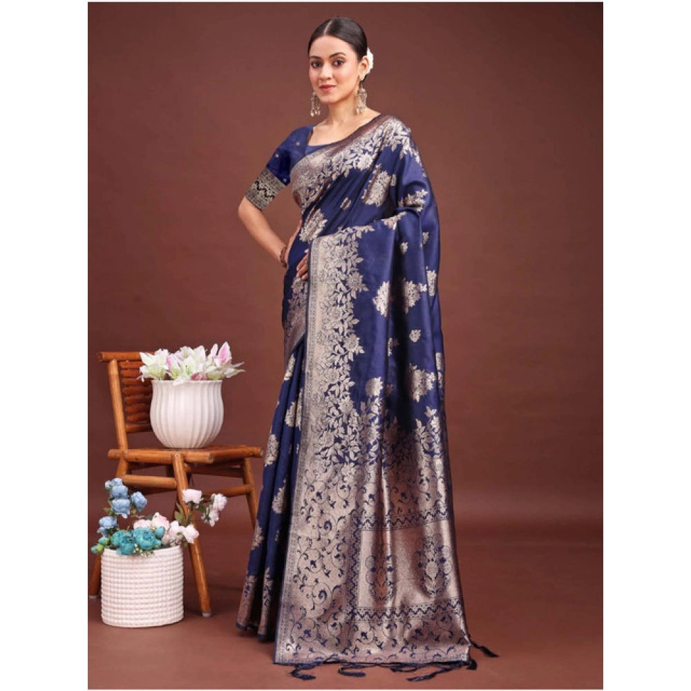Women's Banarasi Silk Printed Saree With Unstitched Blouse 5.5Mtr (Navy Blue)