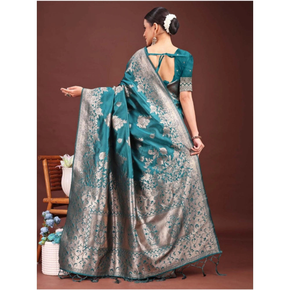 Women's Banarasi Silk Printed Saree With Unstitched Blouse 5.5Mtr (Sea Green)
