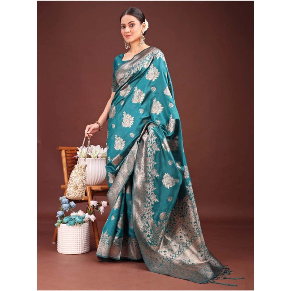Women's Banarasi Silk Printed Saree With Unstitched Blouse 5.5Mtr (Sea Green)