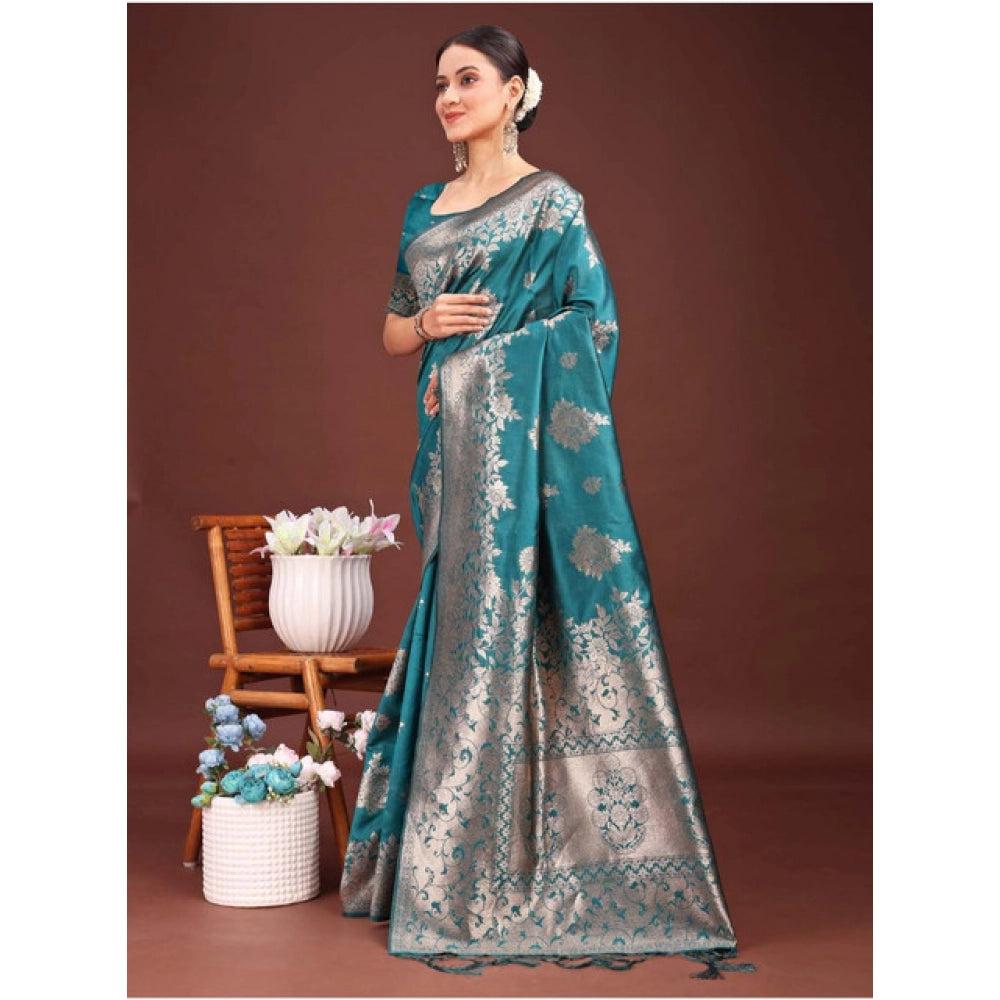 Women's Banarasi Silk Printed Saree With Unstitched Blouse 5.5Mtr (Sea Green)