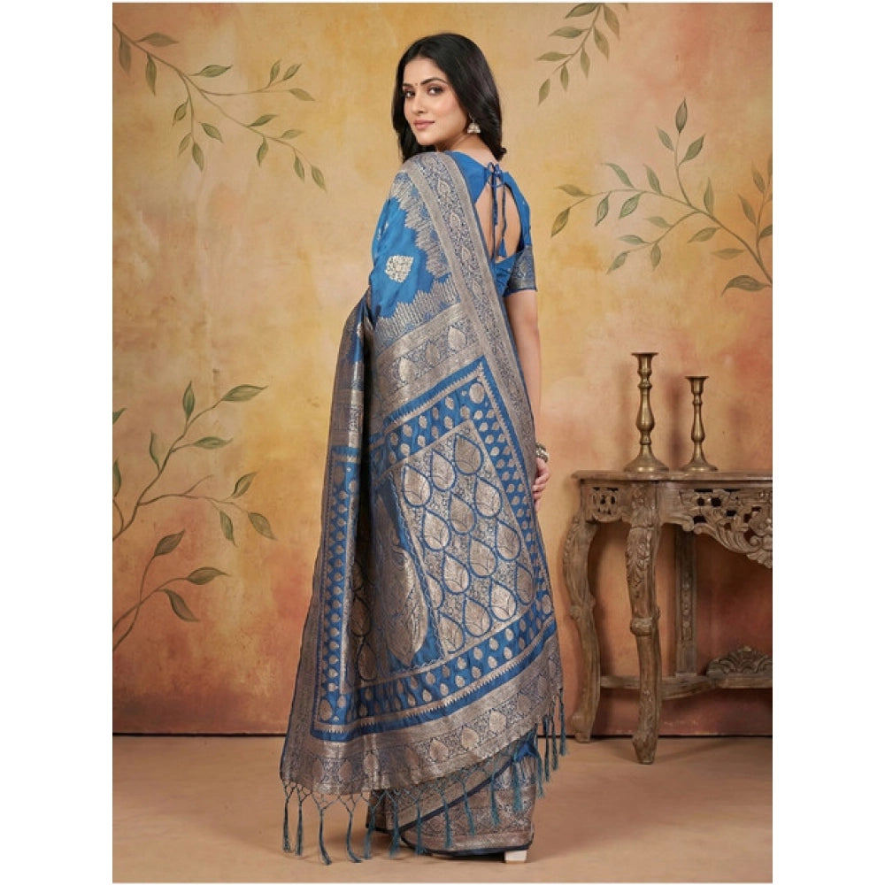 Women's Silk Blend Printed Saree With Unstitched Blouse 5.5Mtr (Sky Blue)