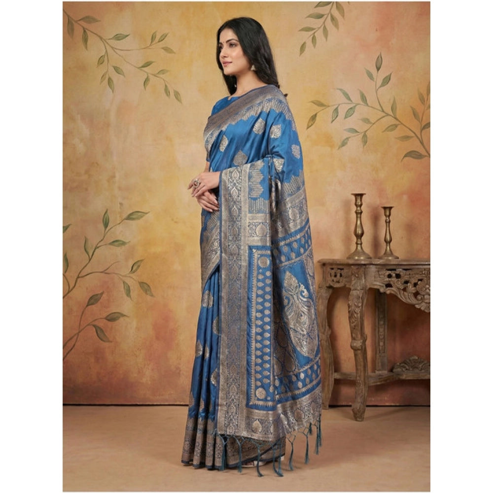 Women's Silk Blend Printed Saree With Unstitched Blouse 5.5Mtr (Sky Blue)