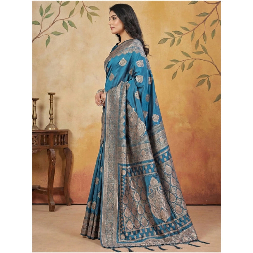 Women's Silk Blend Printed Saree With Unstitched Blouse 5.5Mtr (Teal)