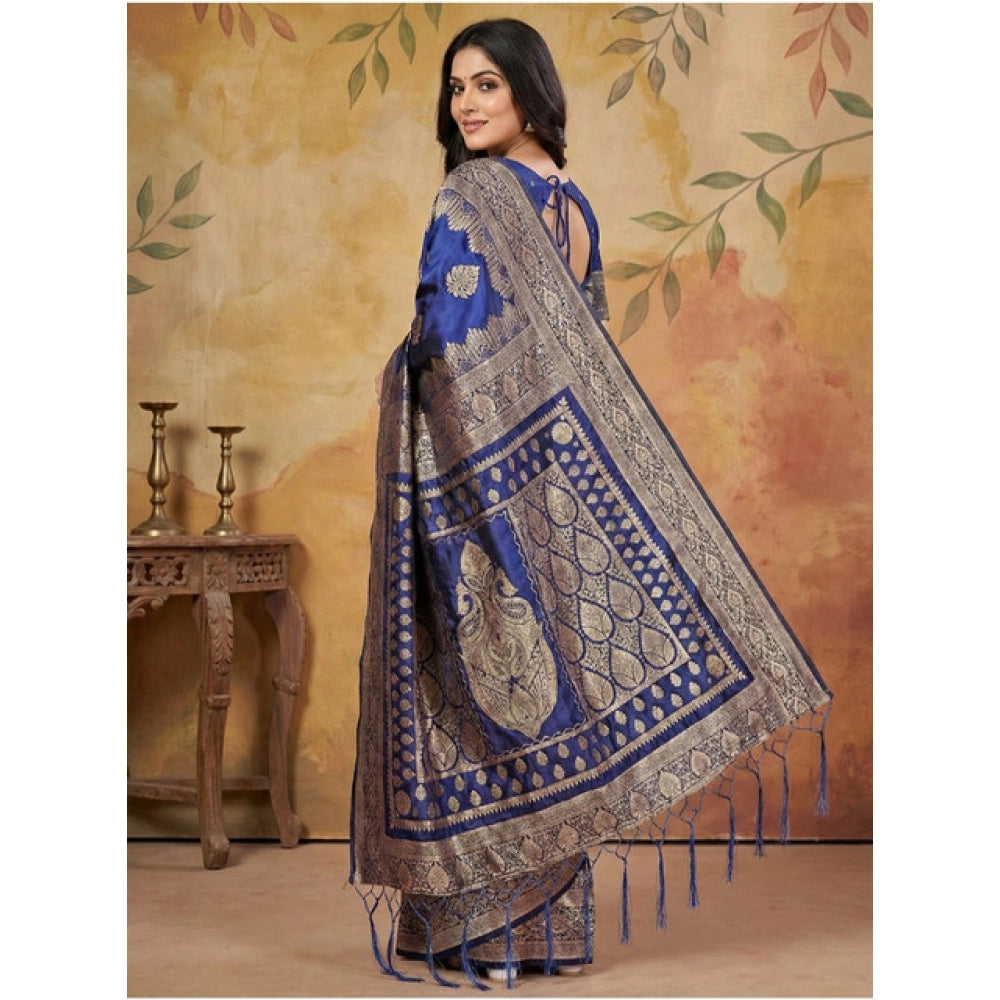 Women's Silk Blend Printed Saree With Unstitched Blouse 5.5Mtr (Navy Blue)