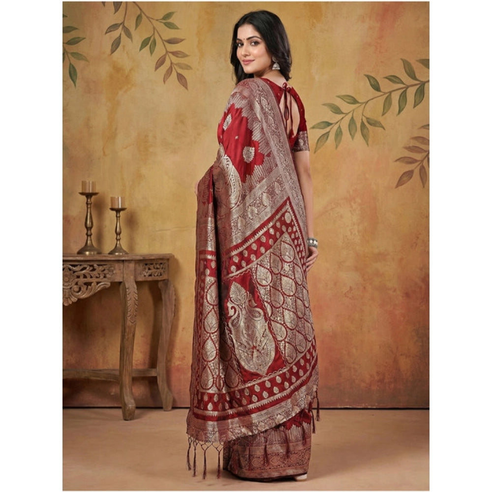 Women's Silk Blend Printed Saree With Unstitched Blouse 5.5Mtr (Maroon)