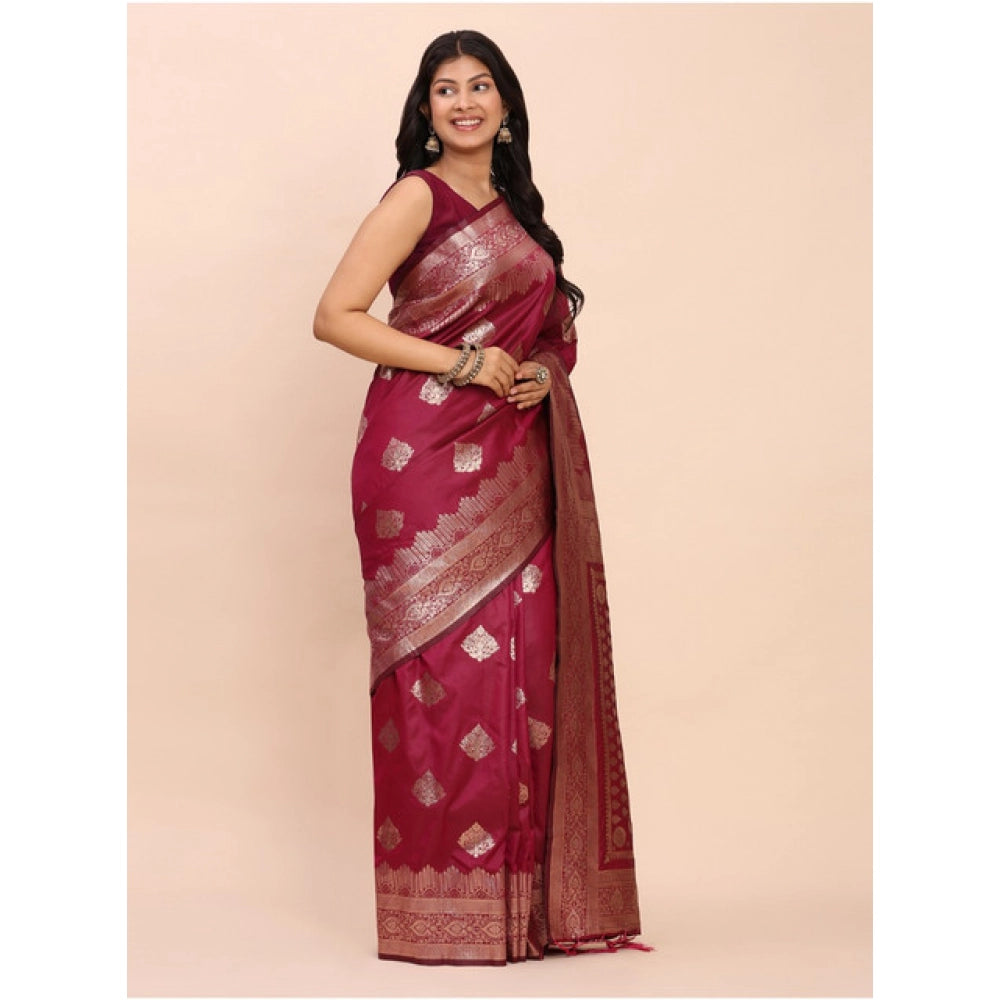 Women's Banarasi Silk Printed Saree With Unstitched Blouse 5.5Mtr (Magenta)