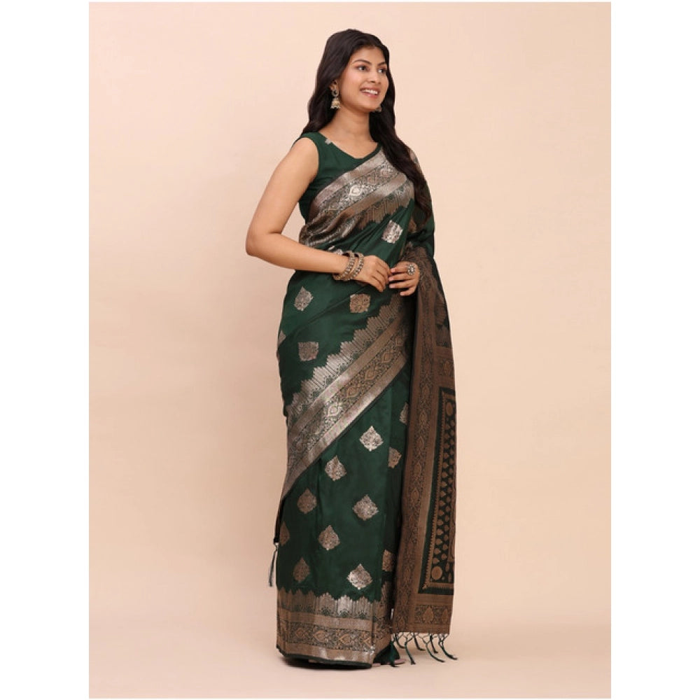 Women's Banarasi Silk Printed Saree With Unstitched Blouse 5.5Mtr (Green)